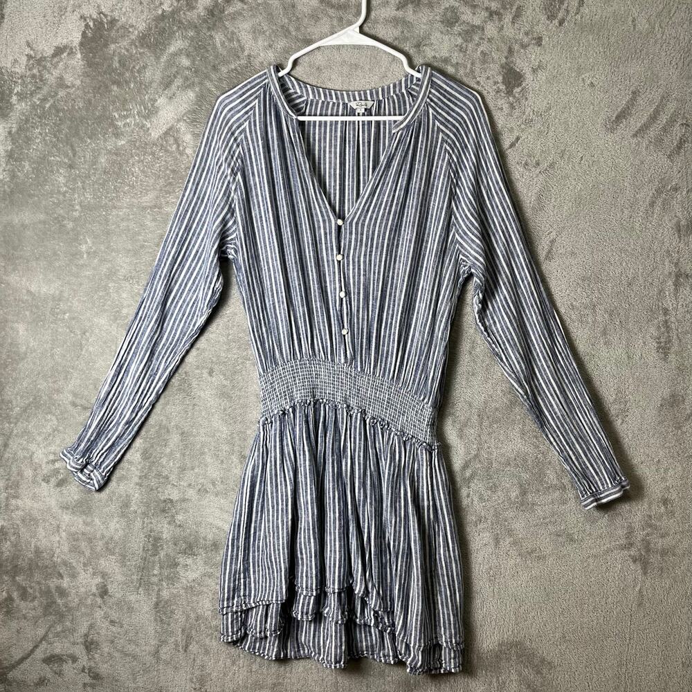 RAILS Jasmine Mini Dress in Tibet Stripe Large Blue Linen Blend‎ Smocked Waist